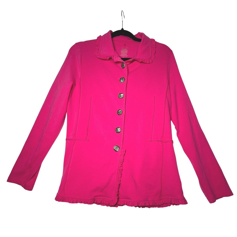 Neon Buddha Pink Ruffle Knit‎ Jacket Button Front Cotton Cardigan Small - Picture 2 of 6